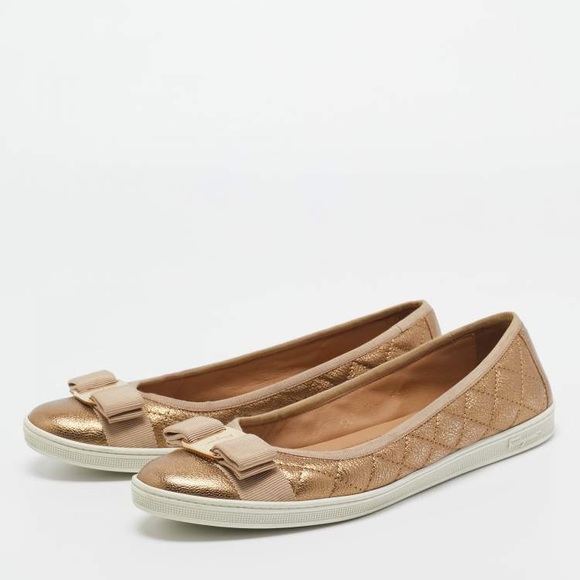 Salvatore ferragamo gold quilted bow ballet flats - Picture 2 of 7